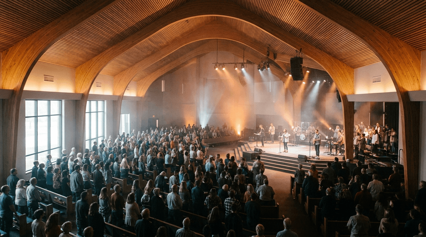 Modern church sanctuary during worship